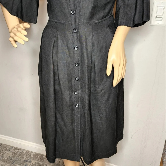 Oscar De La Renta Linen Blend Black Dress Button Front Flare 3/4 Sleeve Size 4 - Picture 7 of 16